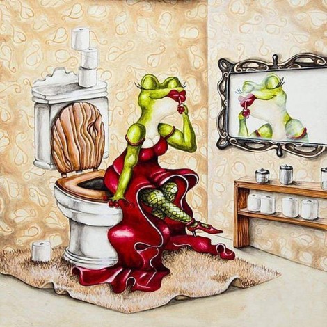 Full Drill - 5D DIY Diamond Painting Kits Cartoon Funny Elegant Red Dress Frog Toilet