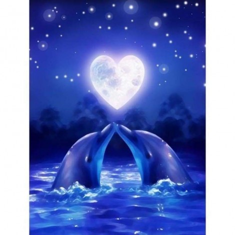 Full Drill - 5D DIY Diamond Painting Kits Blue Starry Night Dolphin Kiss