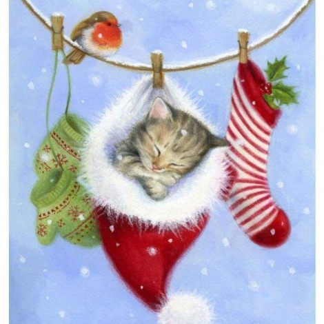 Full Drill - 5D DIY Diamond Painting Kits Winter Christmas Card Cute Cat Inside Hat