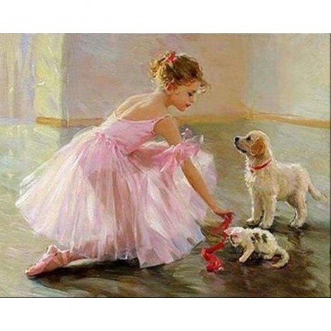 Full Drill - 5D Diy Diamond Painting Kits Dancer Girl WIth Dog and Cat